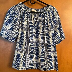 LOFT Navy and White Leaf Print Blouse